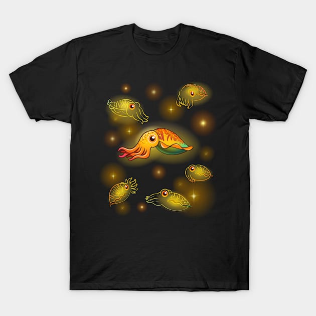 Glowing golden cuttlefish under deepsea T-Shirt by tomodaging